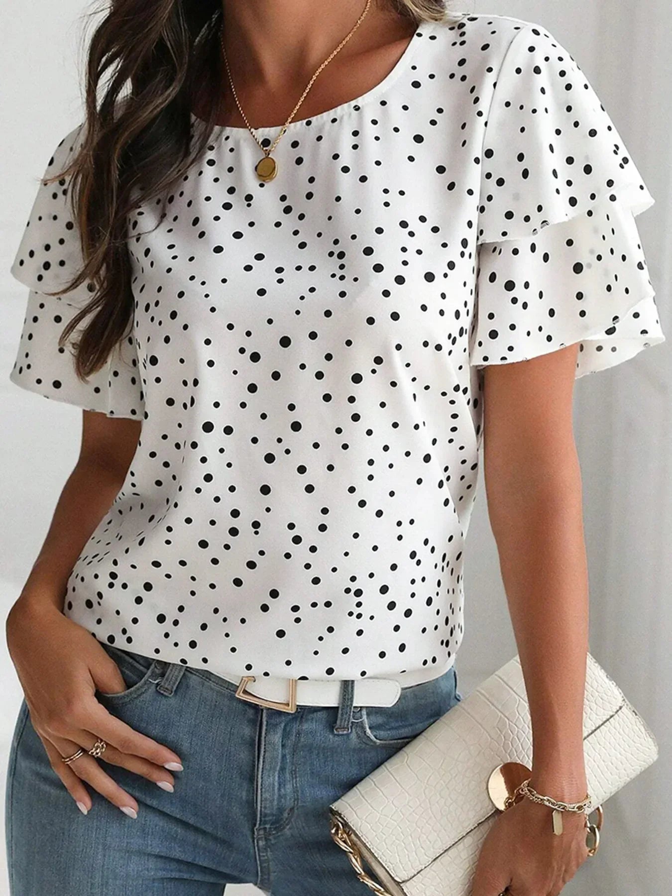 Polka Dot Layered Ruffled Short Sleeve Blouse White / S