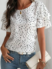 Polka Dot Layered Ruffled Short Sleeve Blouse White / S