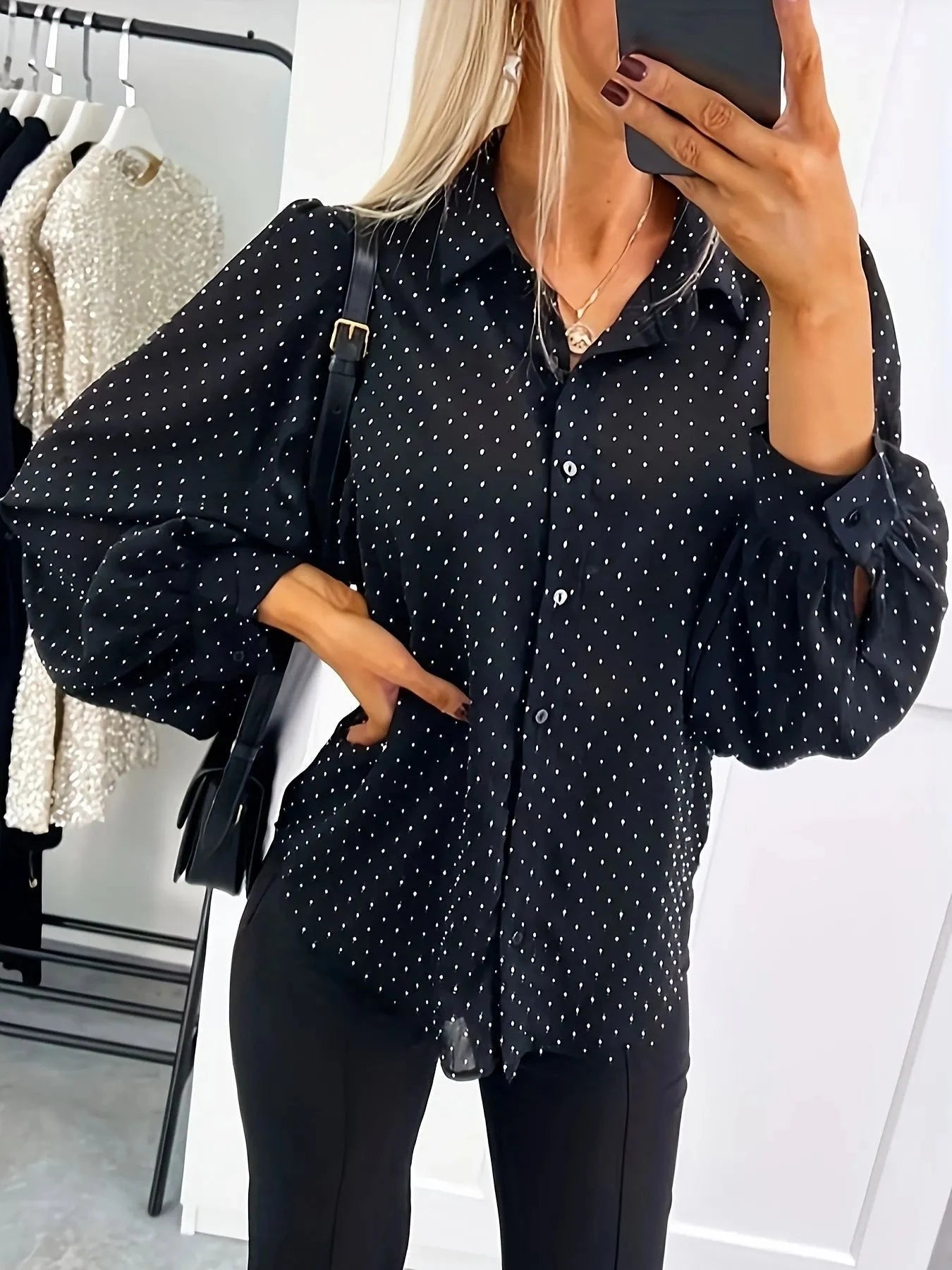 Polka Dot Oversized Button-Up Shirt Black / S