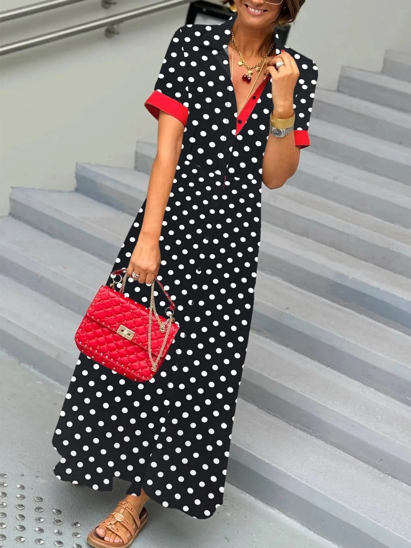 Polka Dot Short Sleeve Maxi Shirt Dress