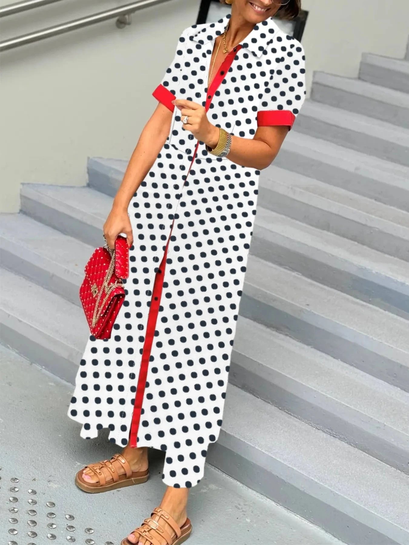 Polka Dot Short Sleeve Maxi Shirt Dress