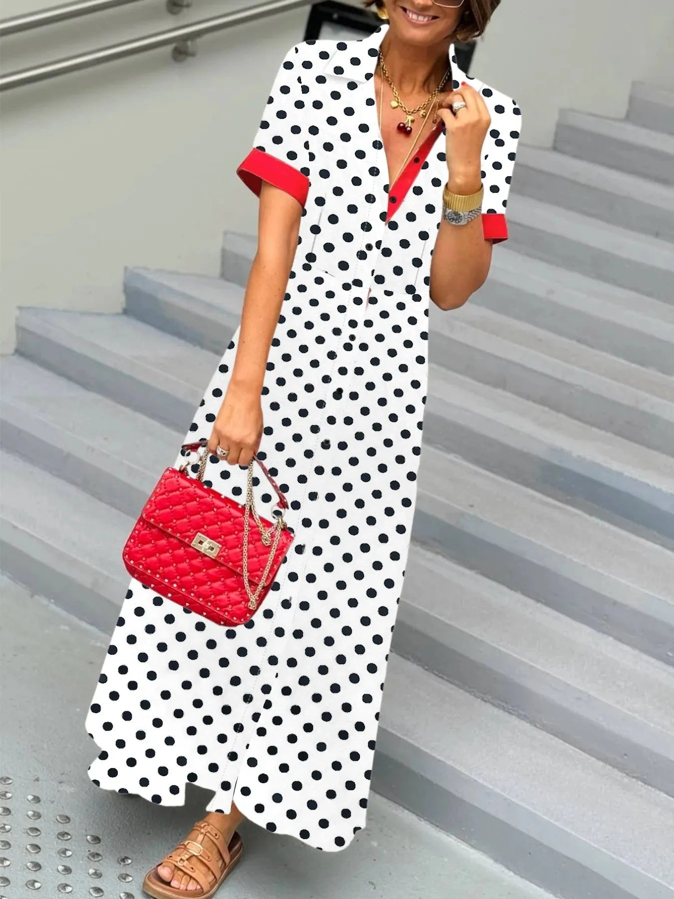 Polka Dot Short Sleeve Maxi Shirt Dress