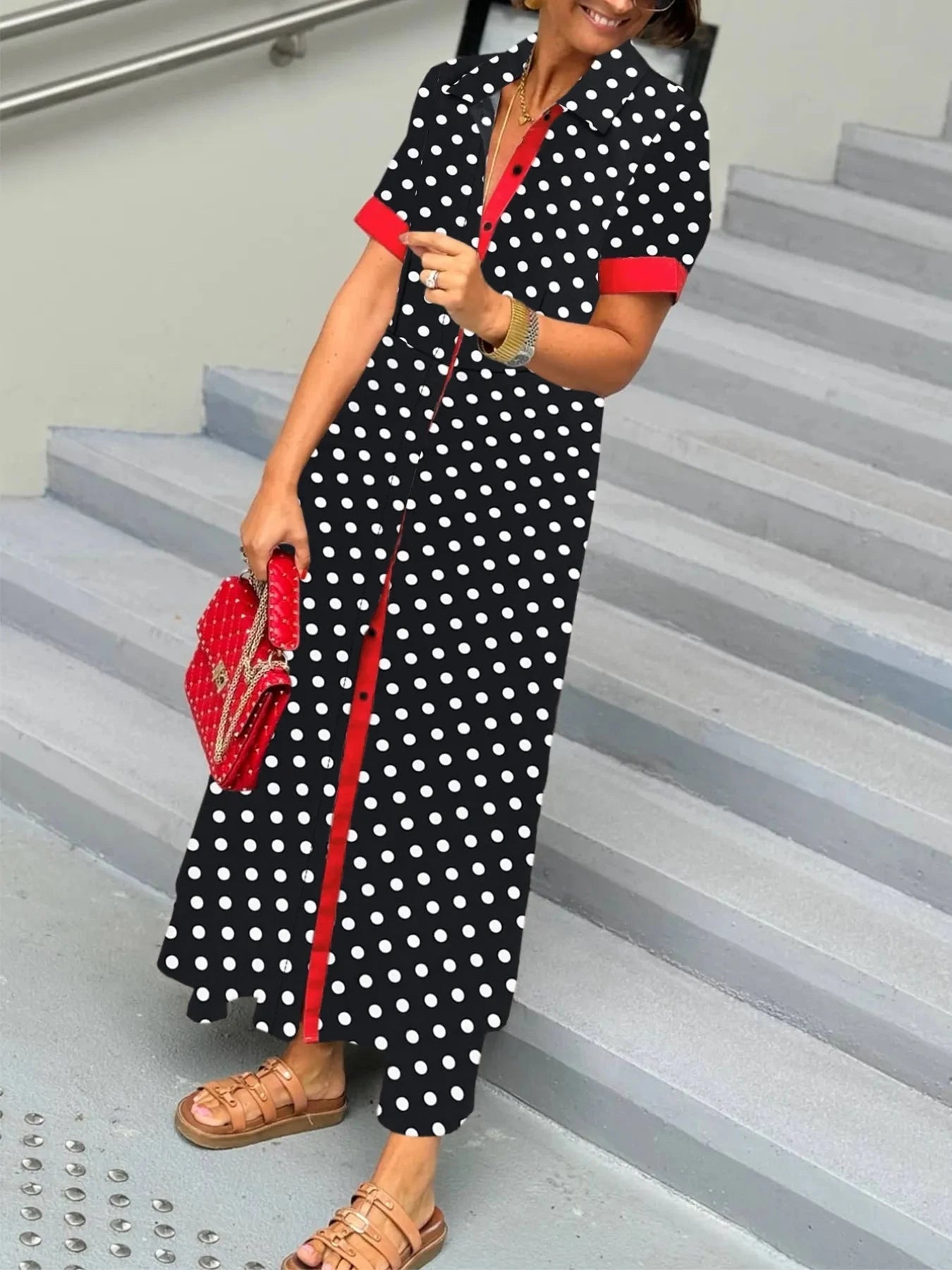Polka Dot Short Sleeve Maxi Shirt Dress
