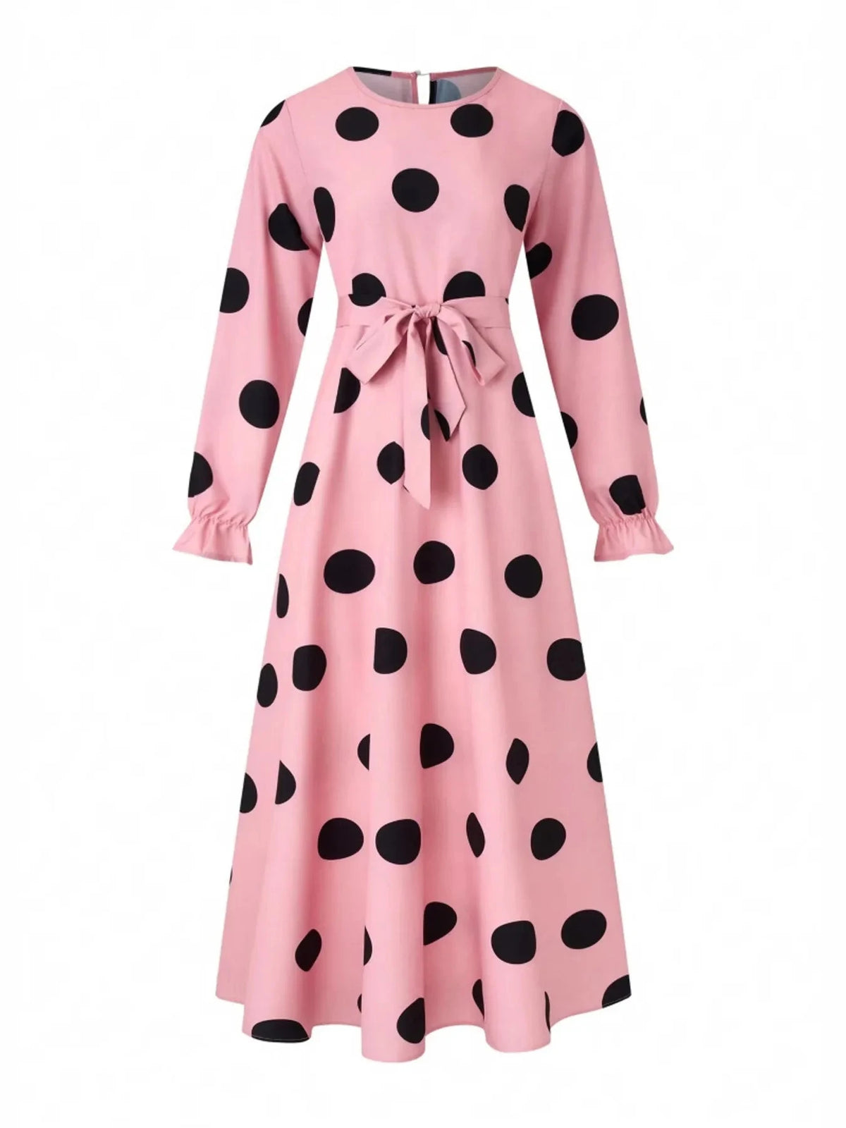 Polka Dot Tie Waist Flounce Sleeve Dress Pink / S