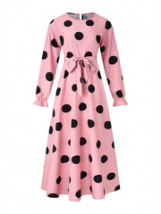 Polka Dot Tie Waist Flounce Sleeve Dress Pink / S