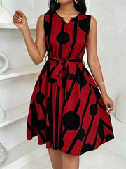 Polka Dot Tie Waist Sleeveless Dress Red / S