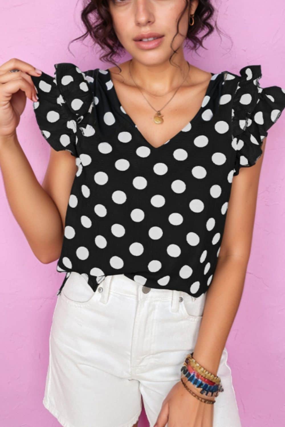 Polka Dot V-Neck Ruffle Cap Sleeve Blouse Black / S