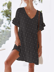 Polka Dot V-Neck Short Sleeve Mini Dress Black / S
