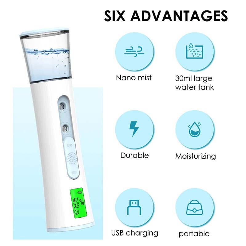 Portable double spray-head nano mist sprayer: LED display, facial steamer