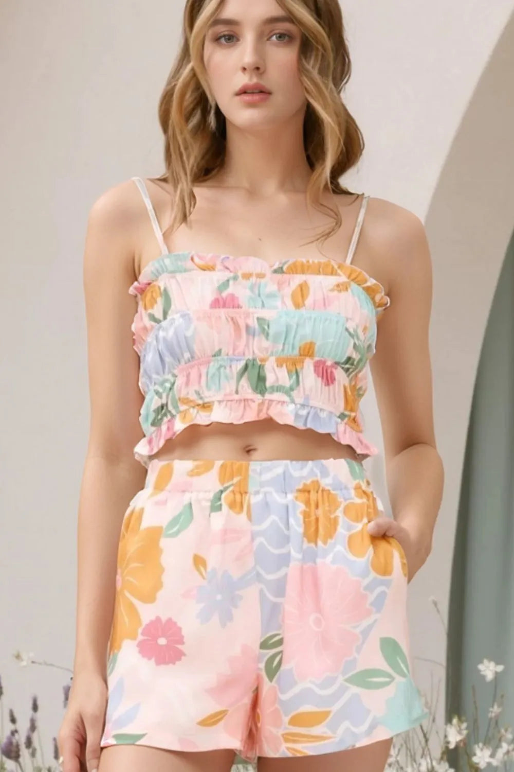 Print Ruffle Trim Cami Top and Shorts Set Floral / S