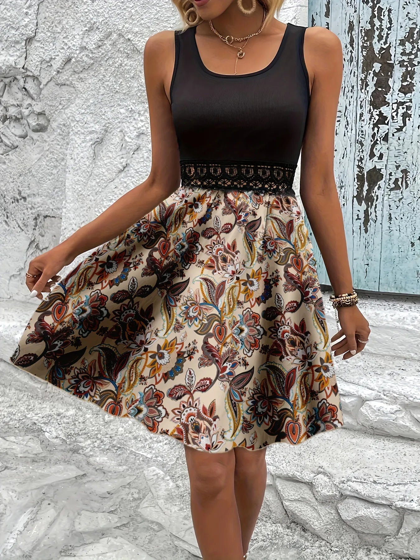 Printed A-Line Tank Dress with Lace Waist Detail Apricot / S