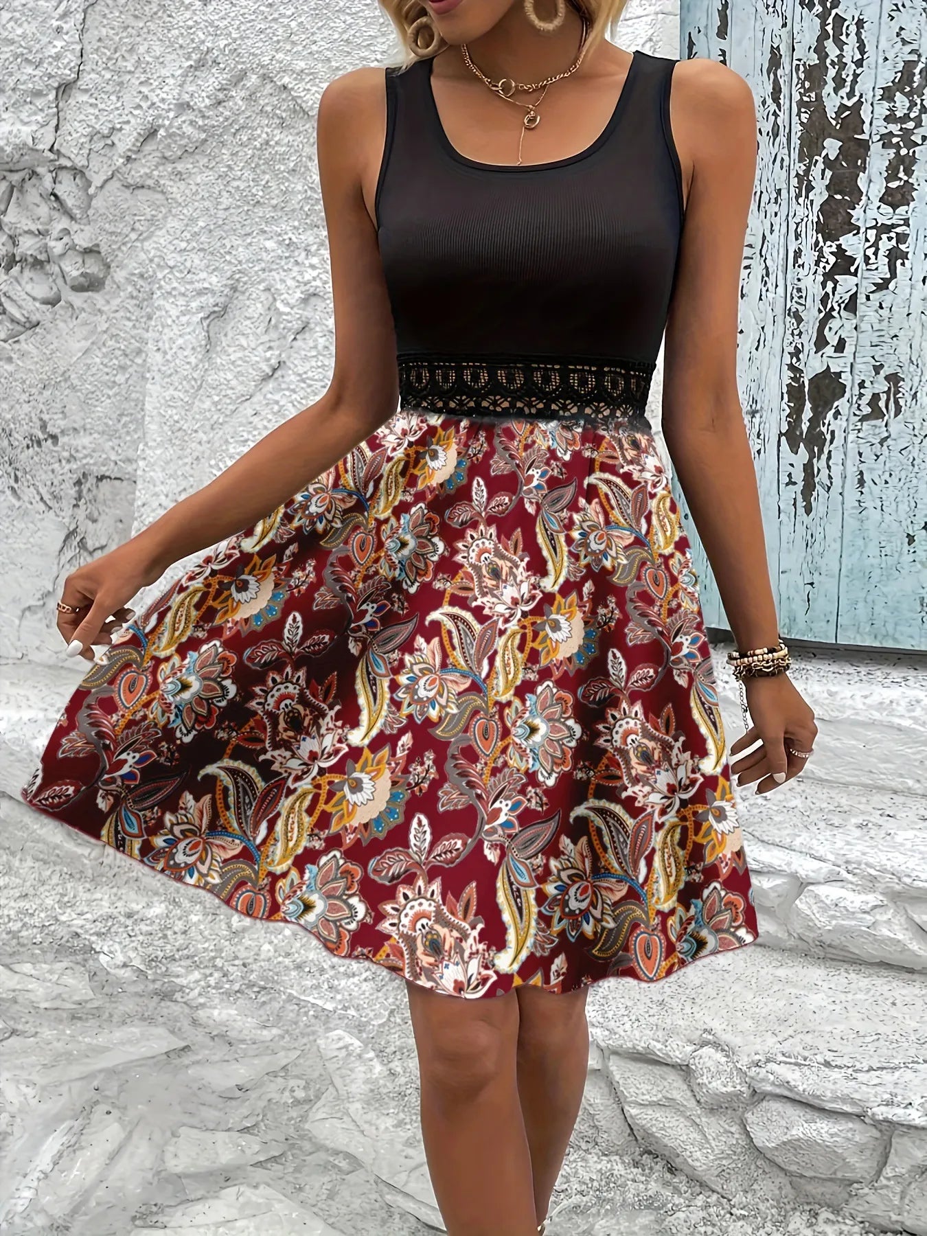 Printed A-Line Tank Dress with Lace Waist Detail Wine Red / S