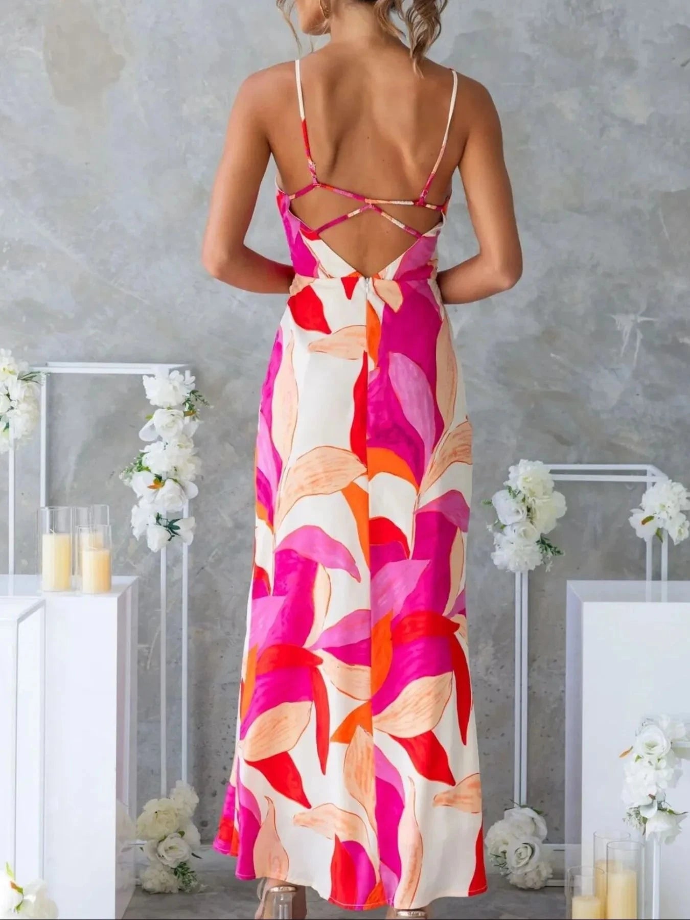 Printed Backless Sleeveless Maxi Dress