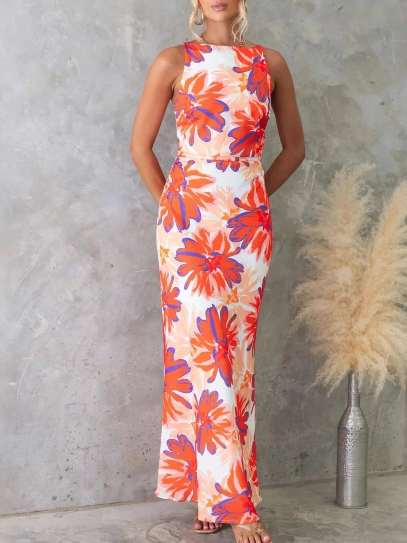 Printed Backless Sleeveless Maxi Dress Orange / S