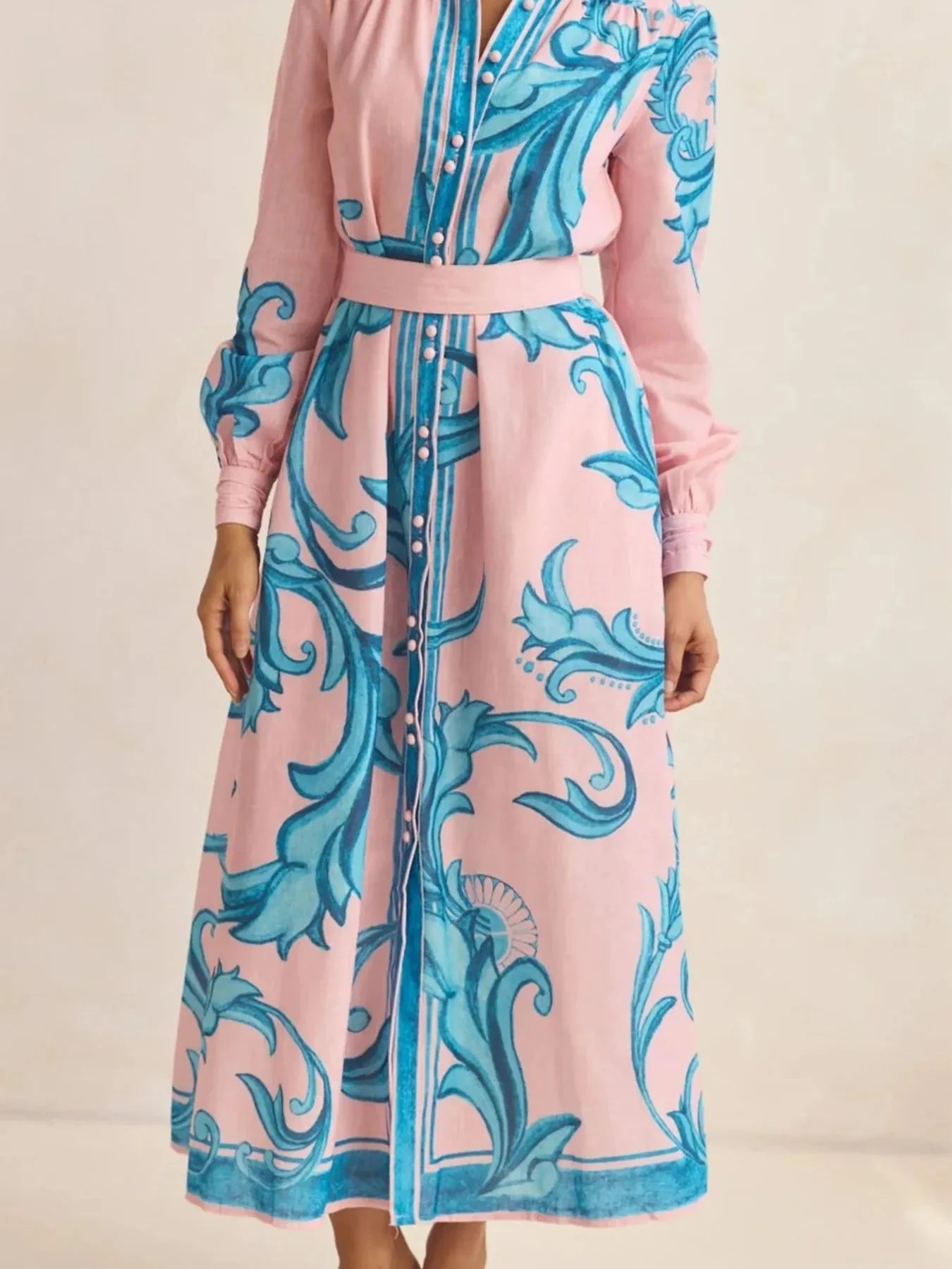 Printed Button Down Belted Shirt Dress