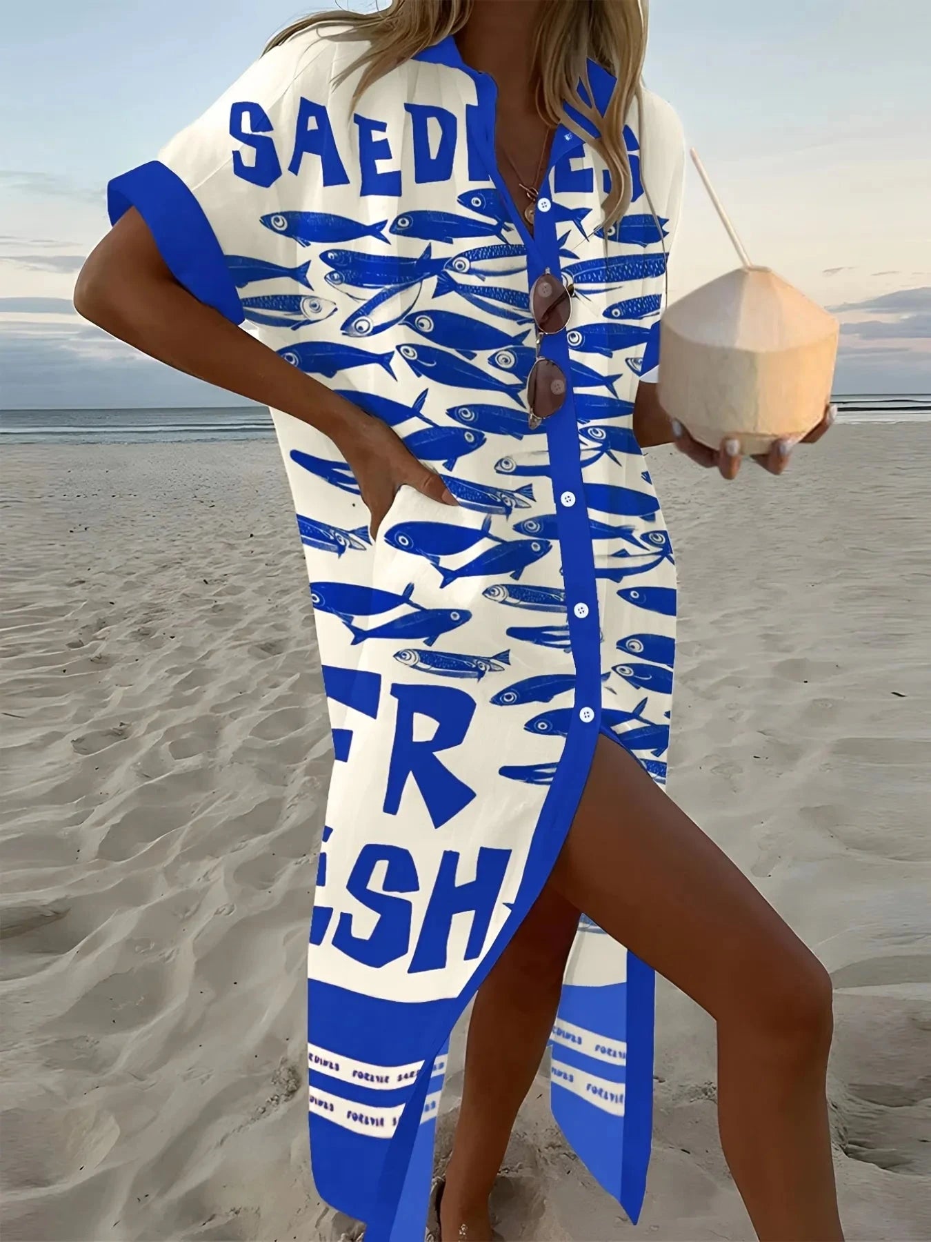 Printed Button Down Shirt Dress Blue / S