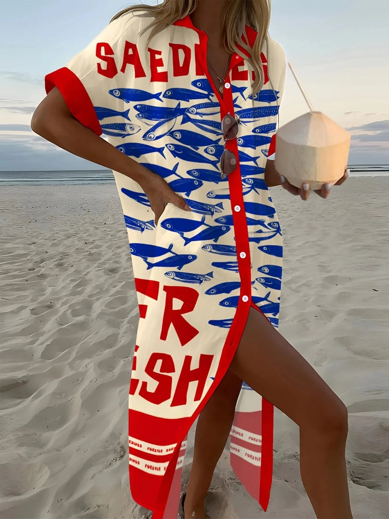 Printed Button Down Shirt Dress Red & Blue / S