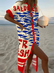 Printed Button Down Shirt Dress Red & Blue / S