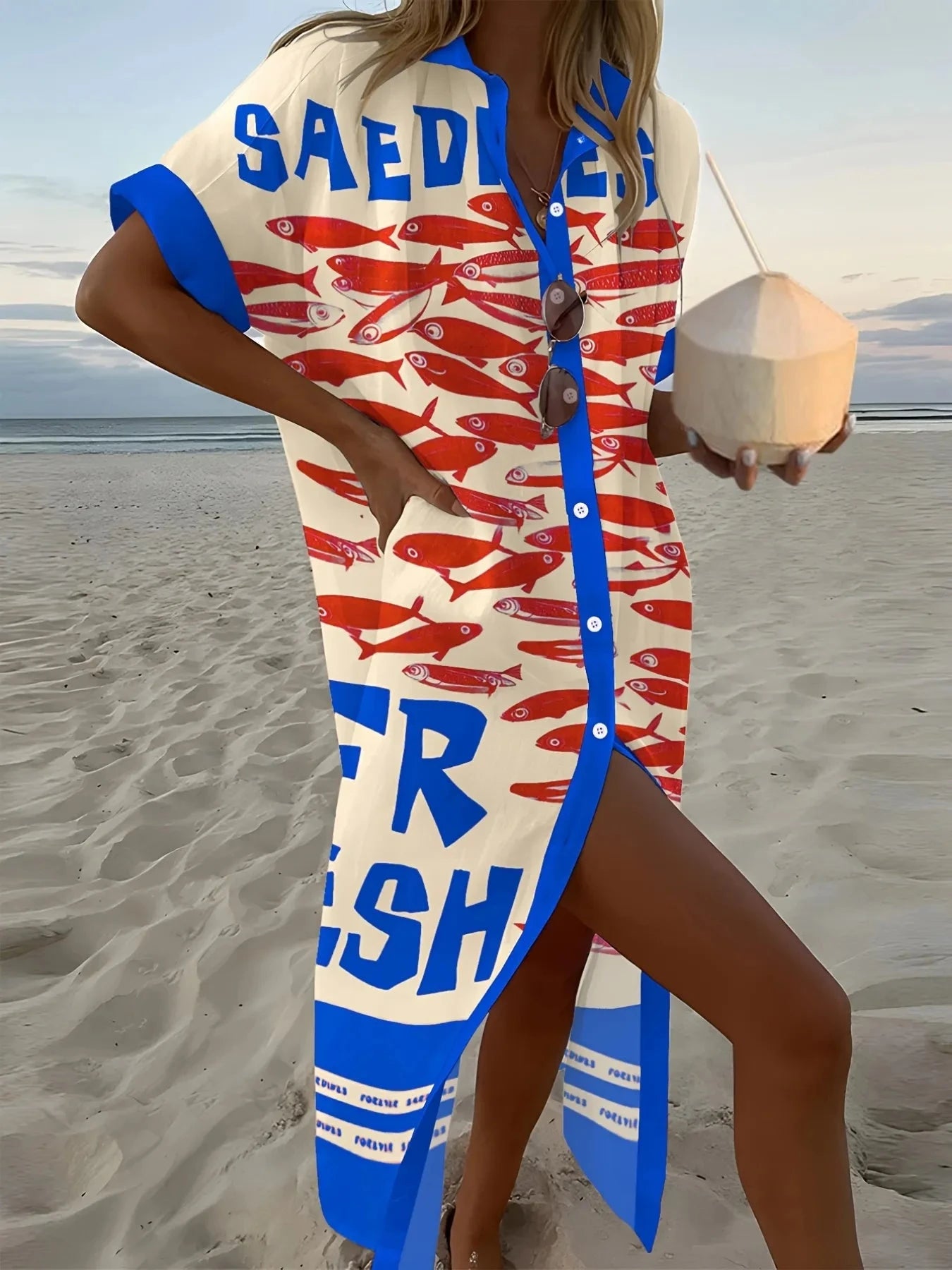 Printed Button Down Shirt Dress Royal Blue & Red / S