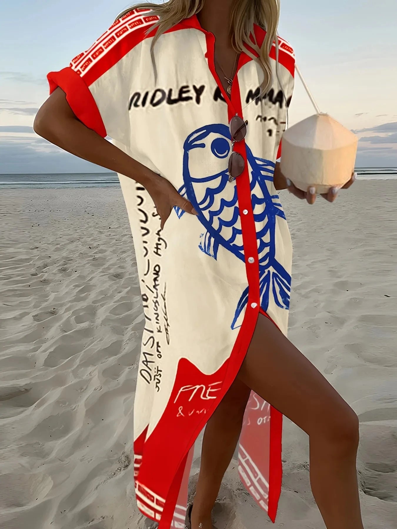 Printed Button Down Shirt Dress Scarlet / S