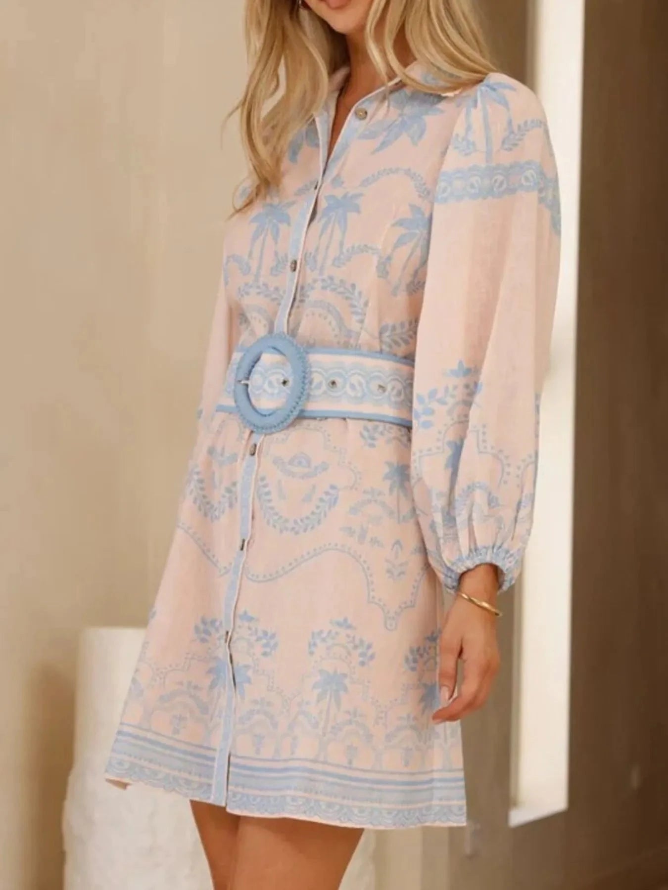 Printed Button Down Shirt Dress with Belt