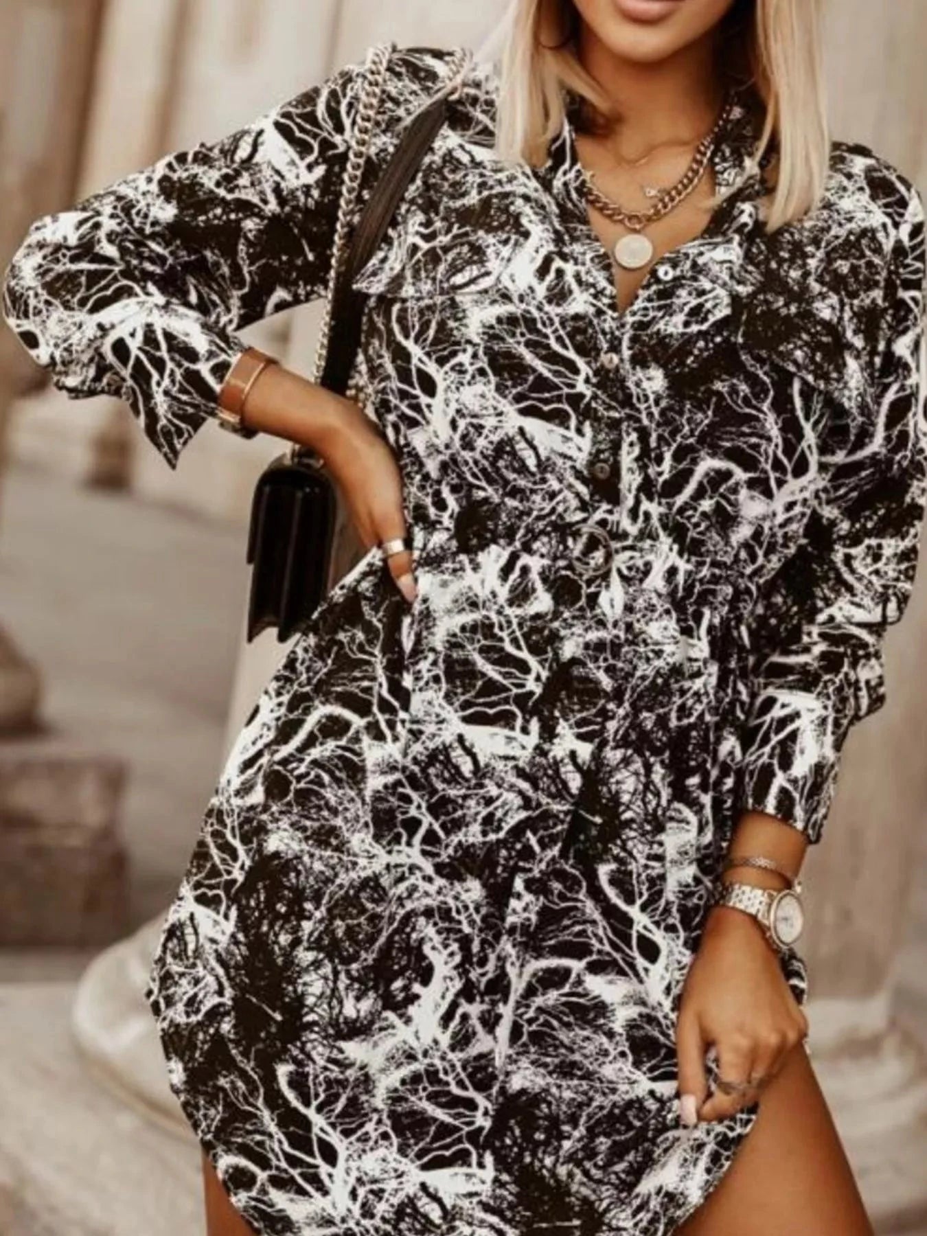Printed Button Front Long Sleeve Dress Black And White Tie Dye / S