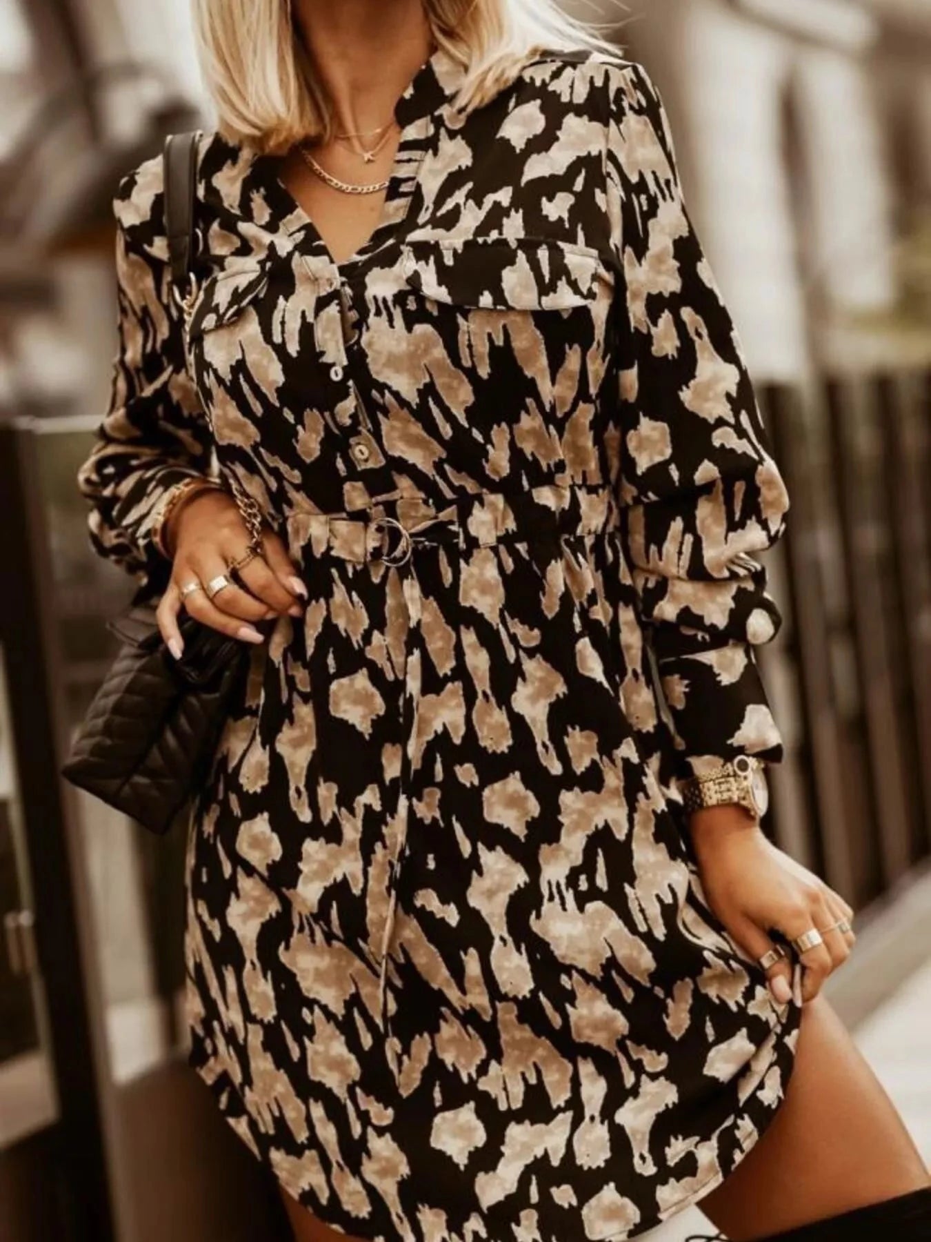 Printed Button Front Long Sleeve Dress Khaki Leopard Print / S