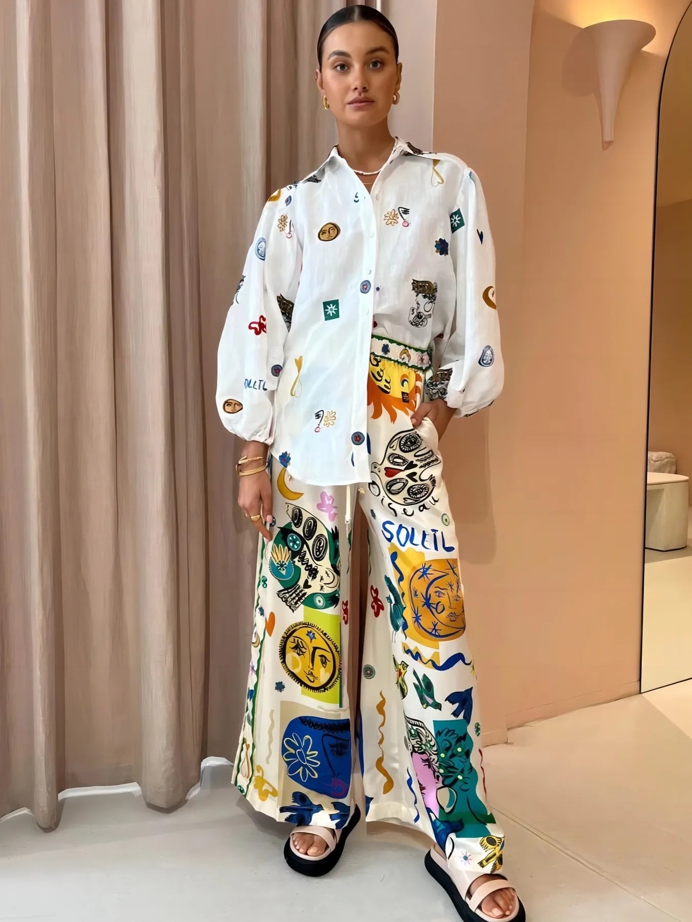 Printed Button Up Long Sleeve Shirt