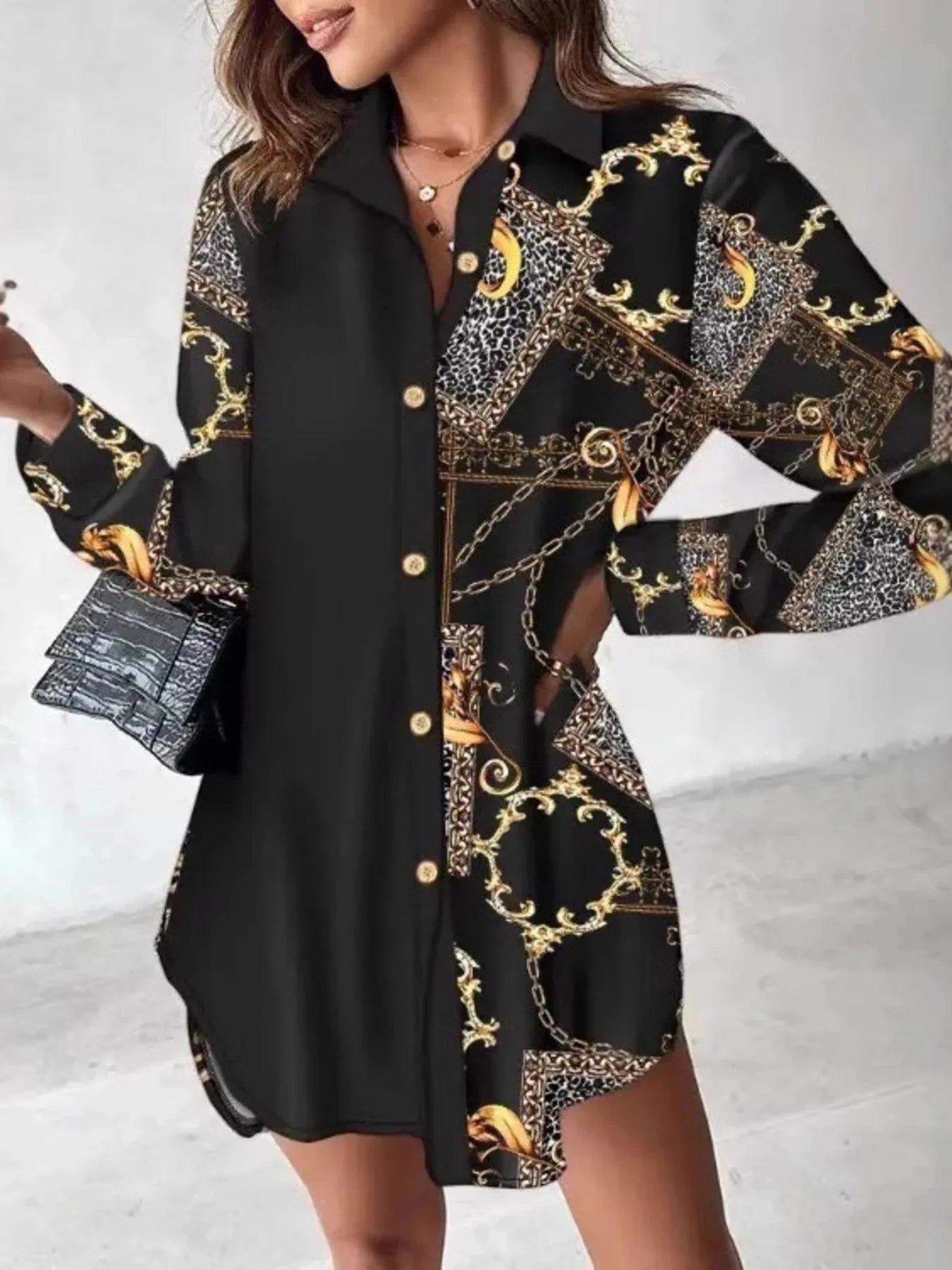 Printed Button Up Long Sleeve Shirt Dress Round / S