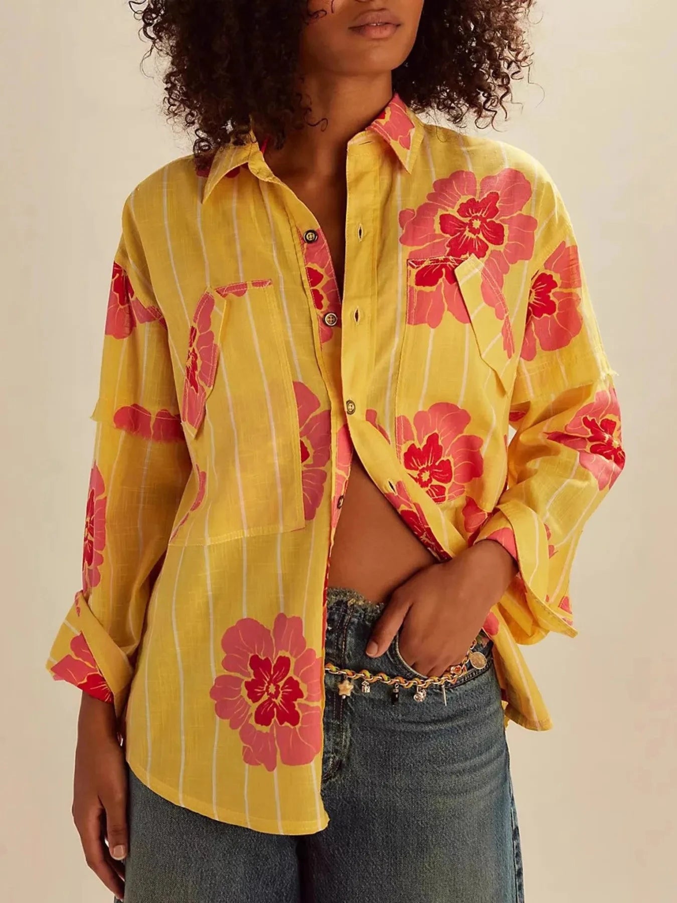 Printed Button-Up Long Sleeve Shirt Mustard / S