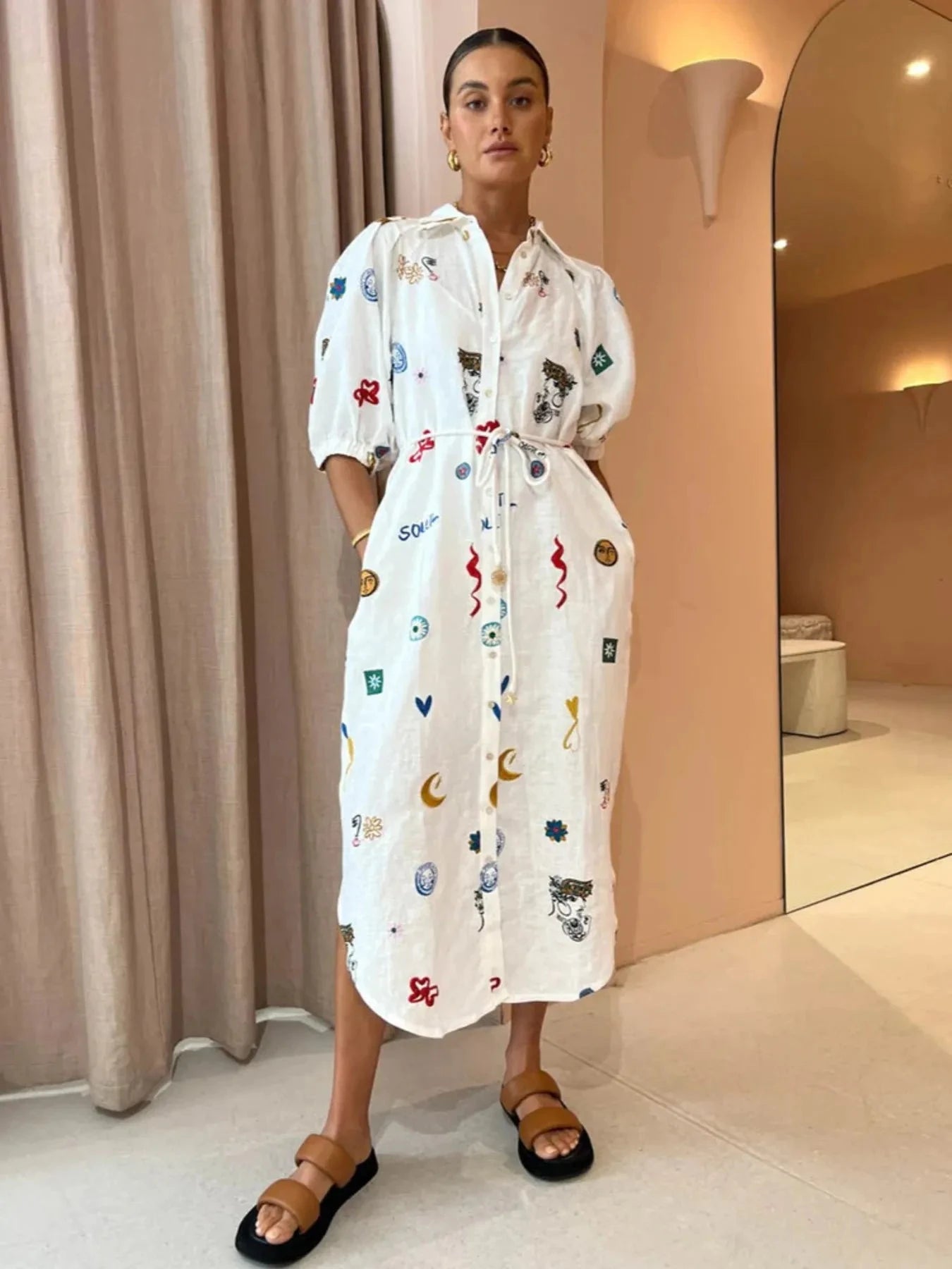 Printed Button Up Midi Shirt Dress