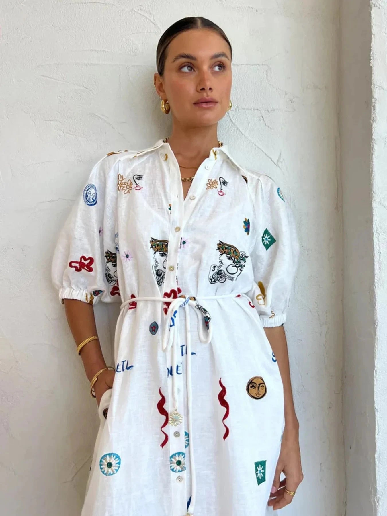 Printed Button Up Midi Shirt Dress