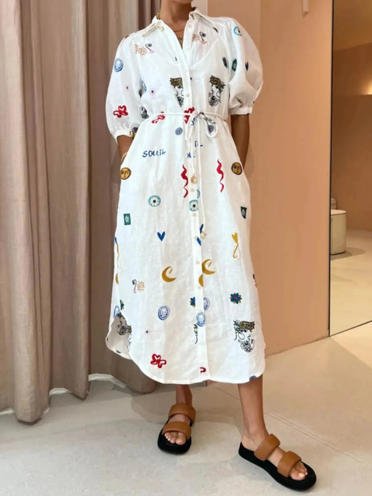 Printed Button Up Midi Shirt Dress White / S