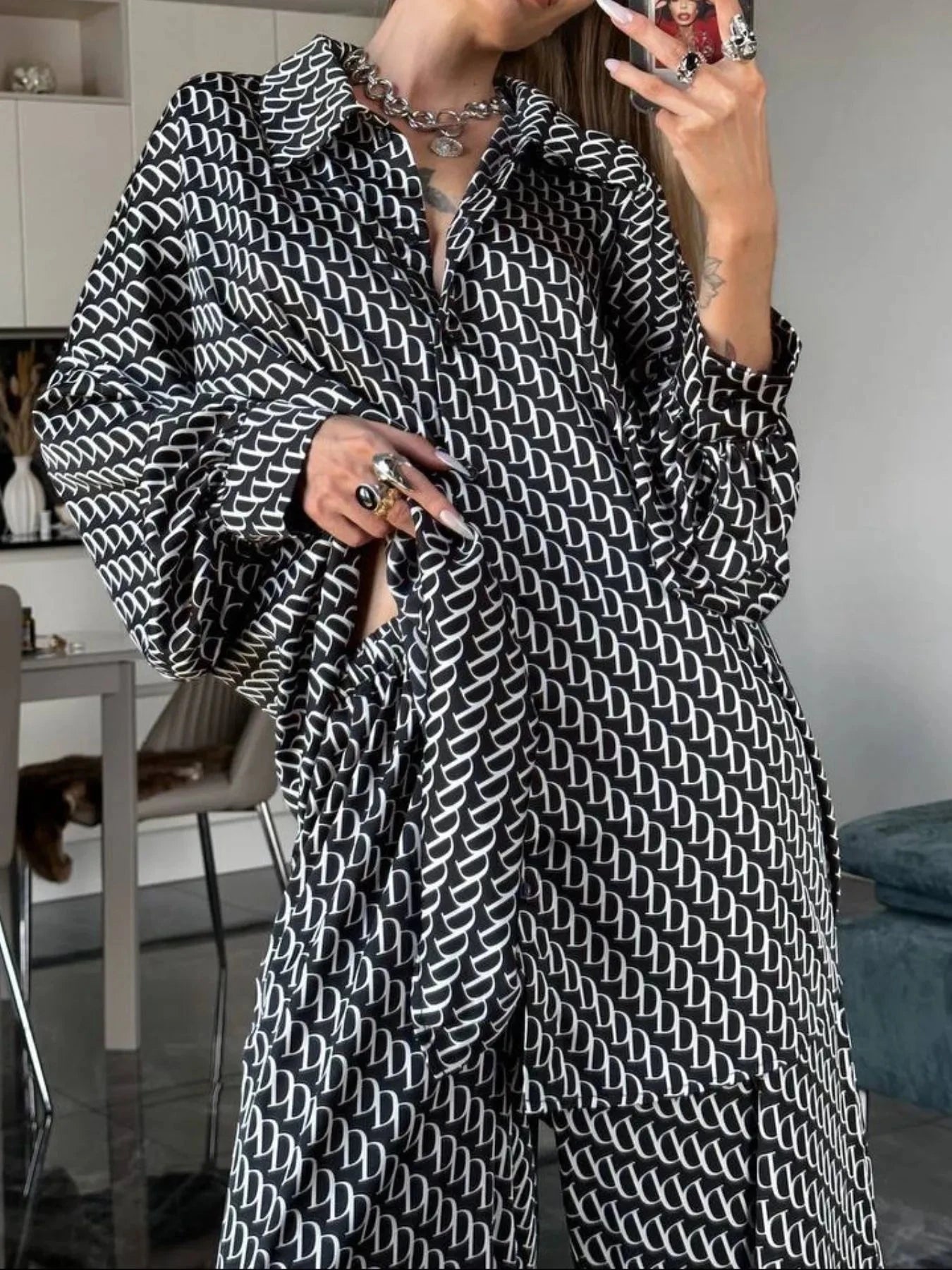 Printed Button Up Shirt and Pants Set