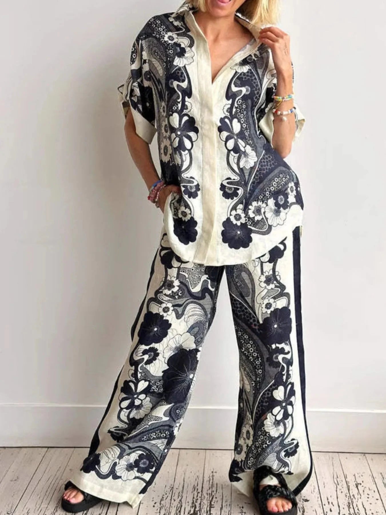 Printed Button Up Shirt and Pants Set