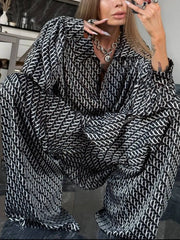 Printed Button Up Shirt and Pants Set Black / S