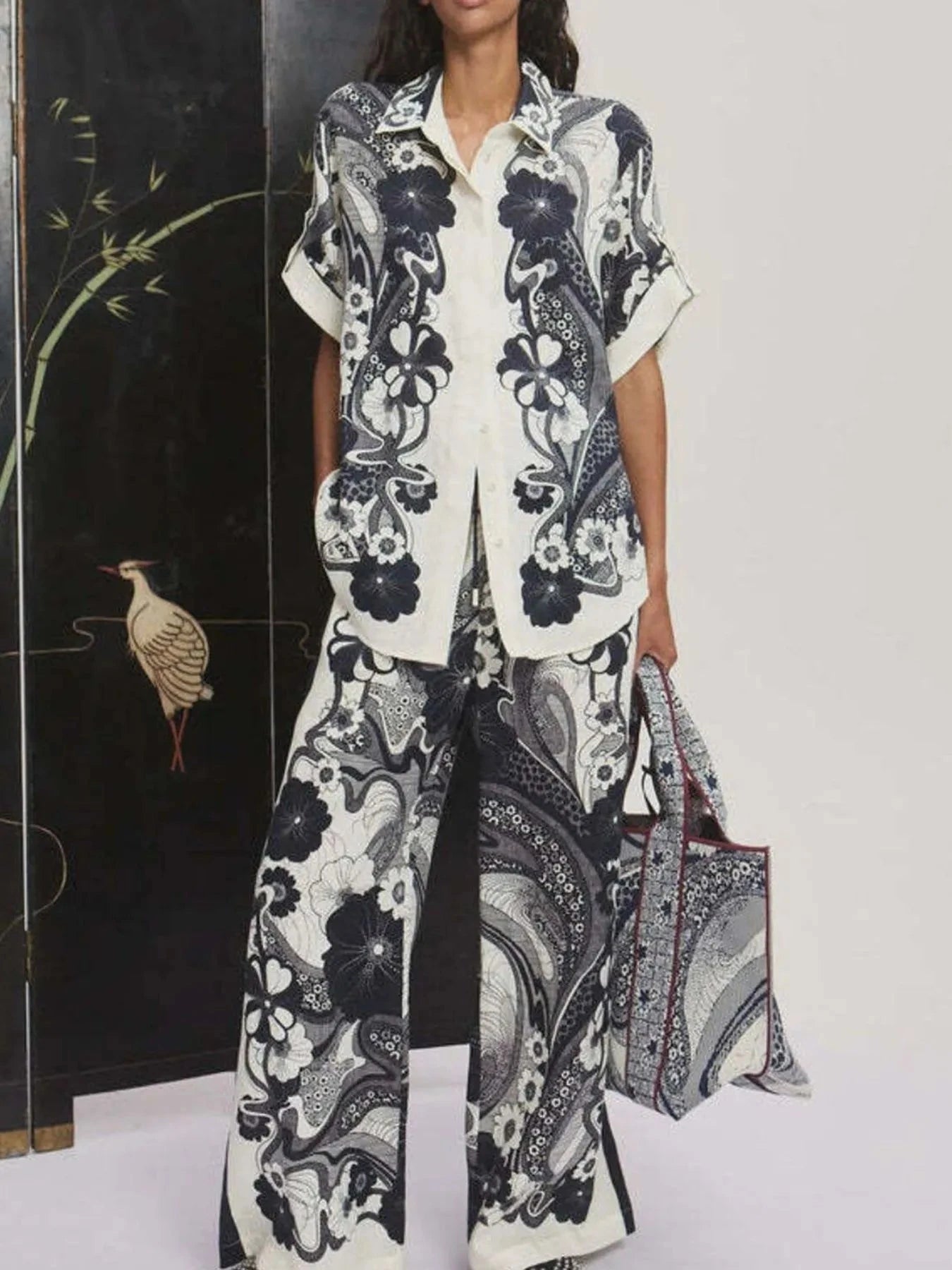 Printed Button Up Shirt and Pants Set Dark Gray / S