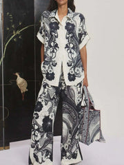 Printed Button Up Shirt and Pants Set Dark Gray / S