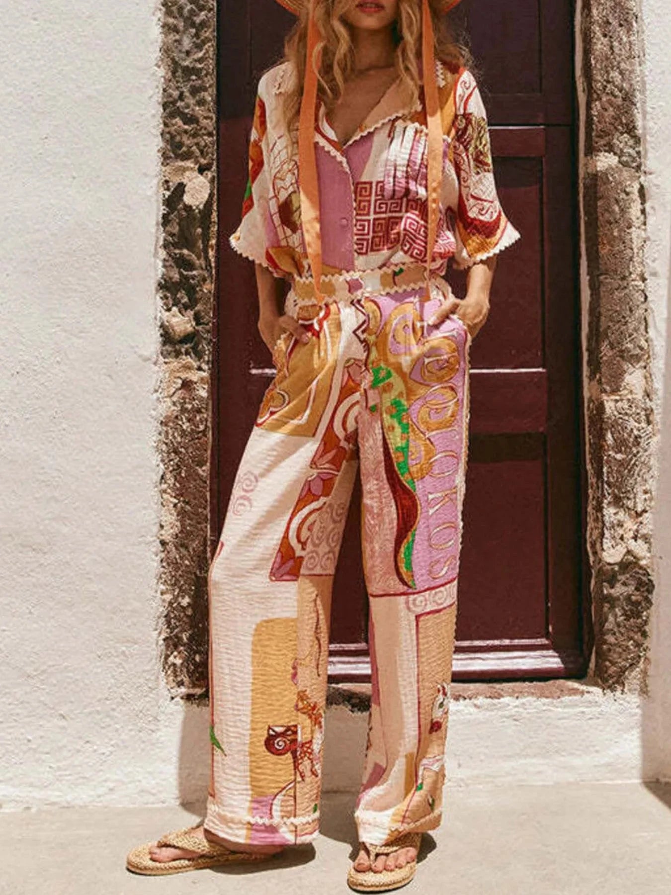 Printed Button Up Shirt and Shorts Set