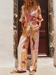 Printed Button Up Shirt and Shorts Set