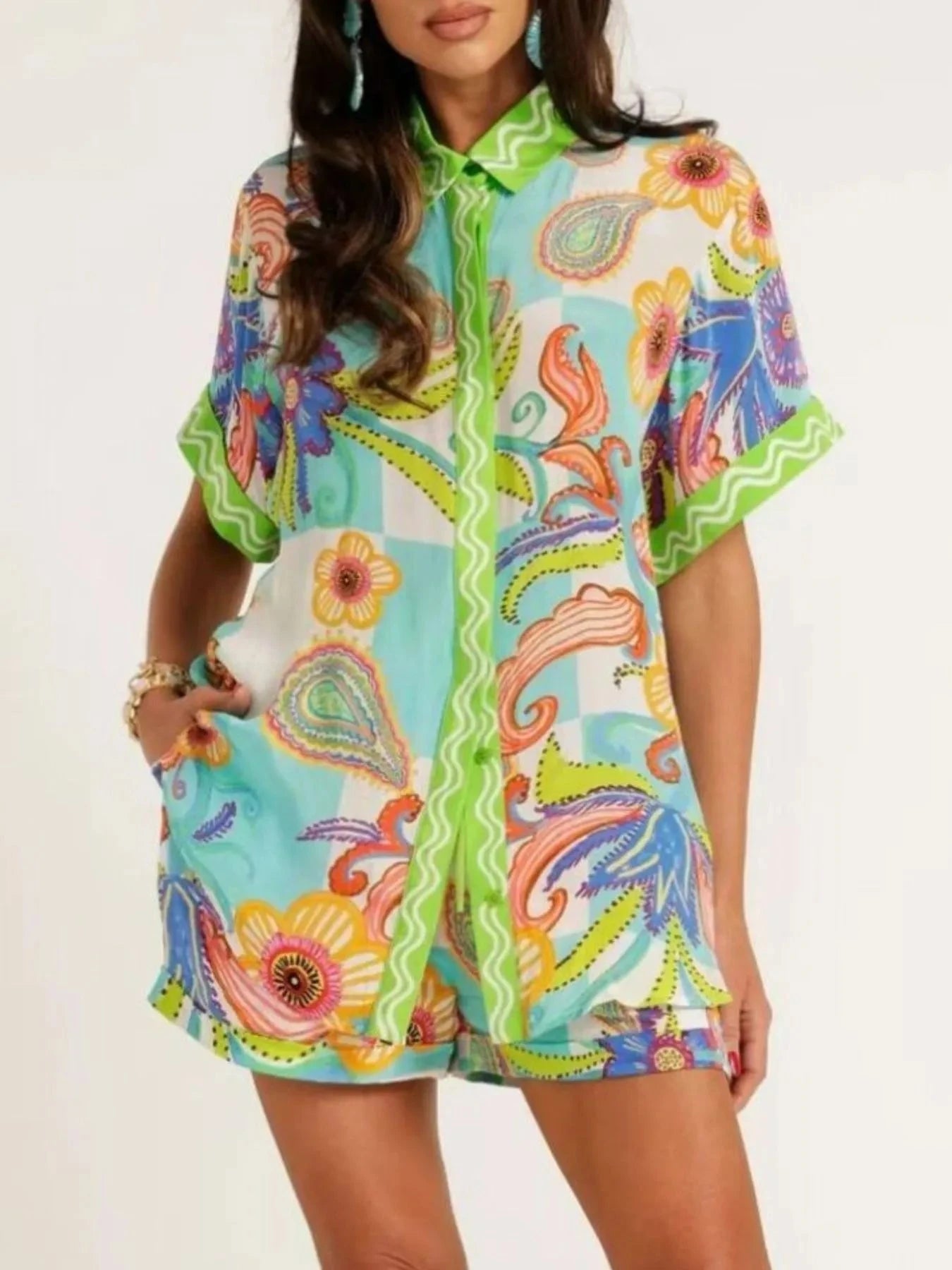 Printed Button Up Shirt and Shorts Set