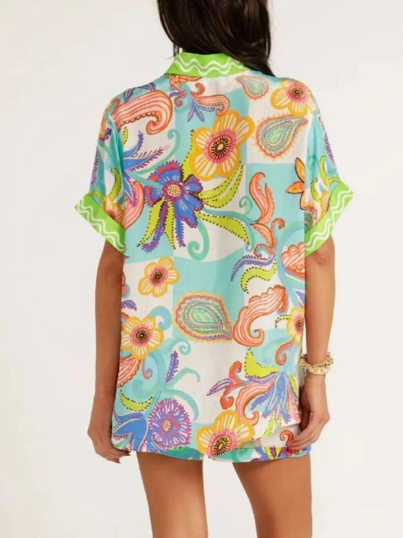 Printed Button Up Shirt and Shorts Set