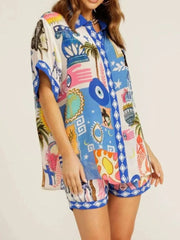 Printed Button Up Shirt and Shorts Set