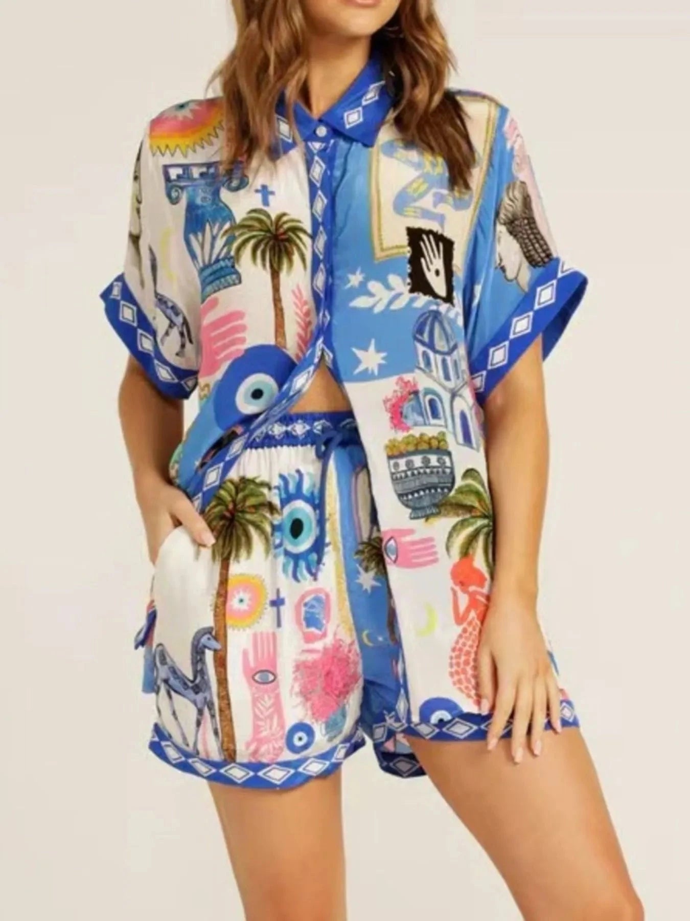 Printed Button Up Shirt and Shorts Set