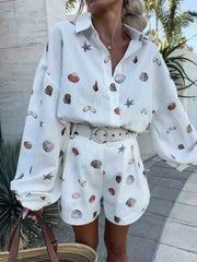 Printed Button Up Shirt and Shorts Set