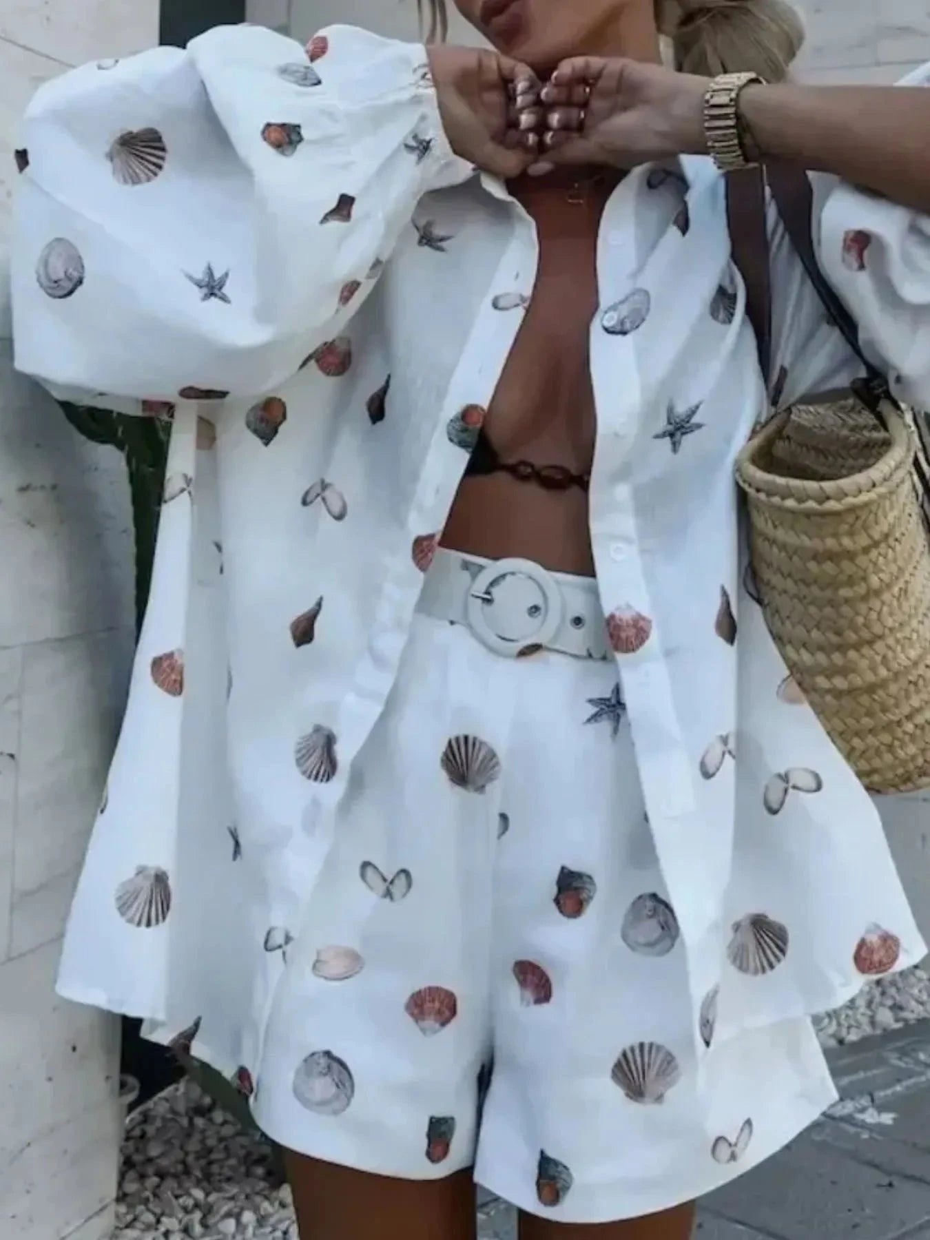 Printed Button Up Shirt and Shorts Set