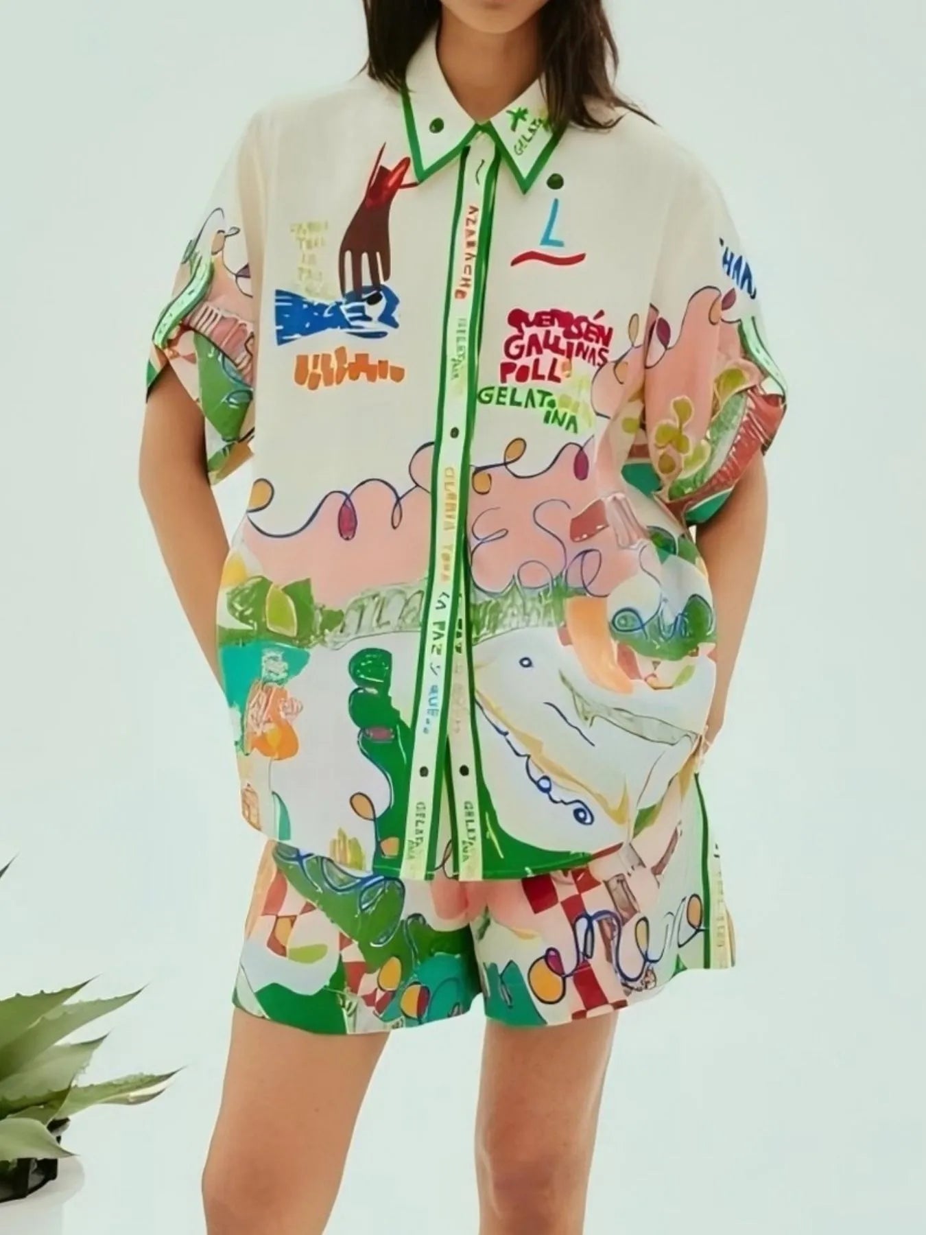 Printed Button Up Shirt and Shorts Set