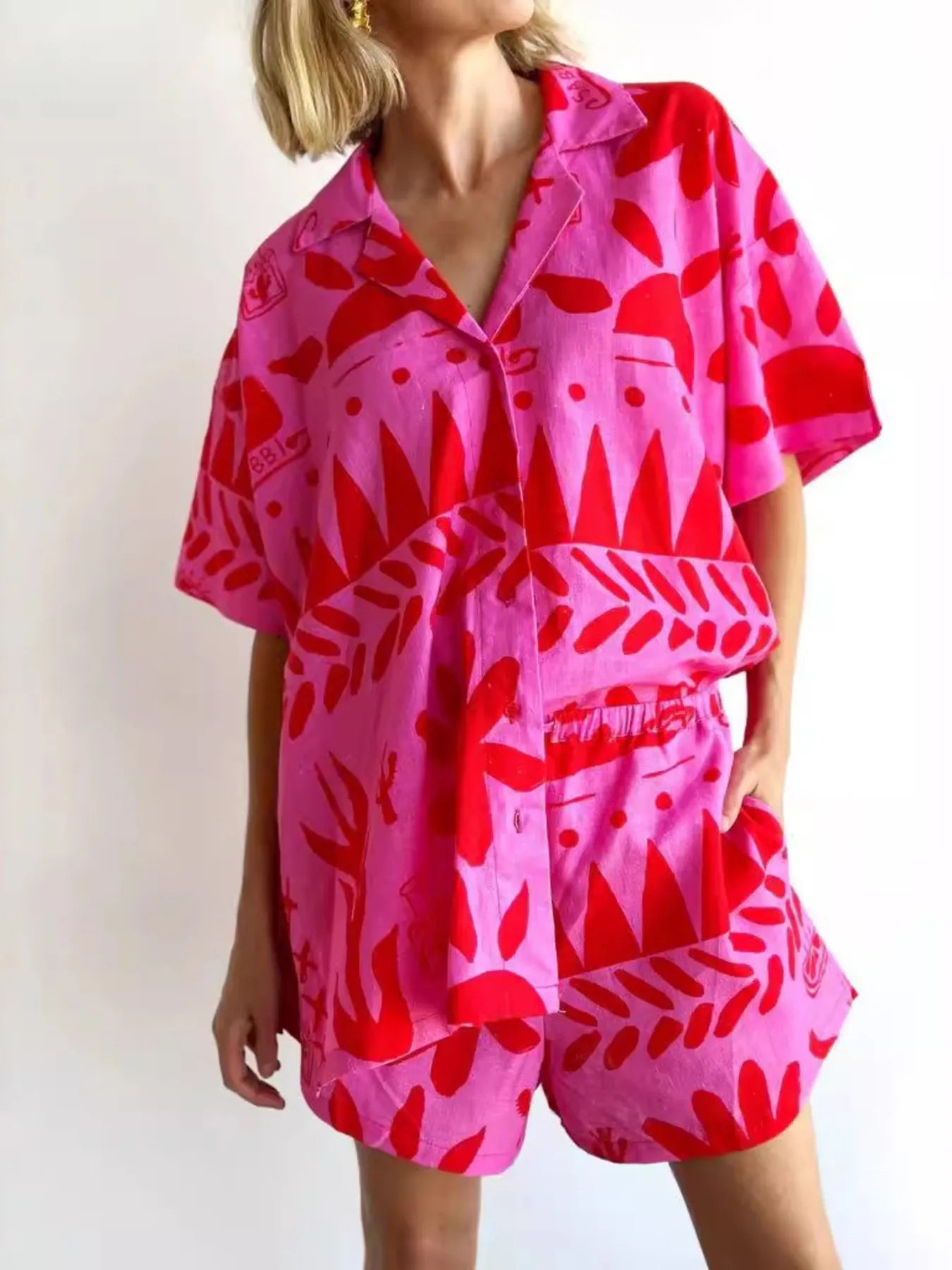 Printed Button Up Shirt and Shorts Set