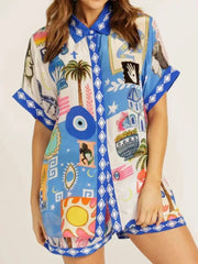 Printed Button Up Shirt and Shorts Set Blue / S