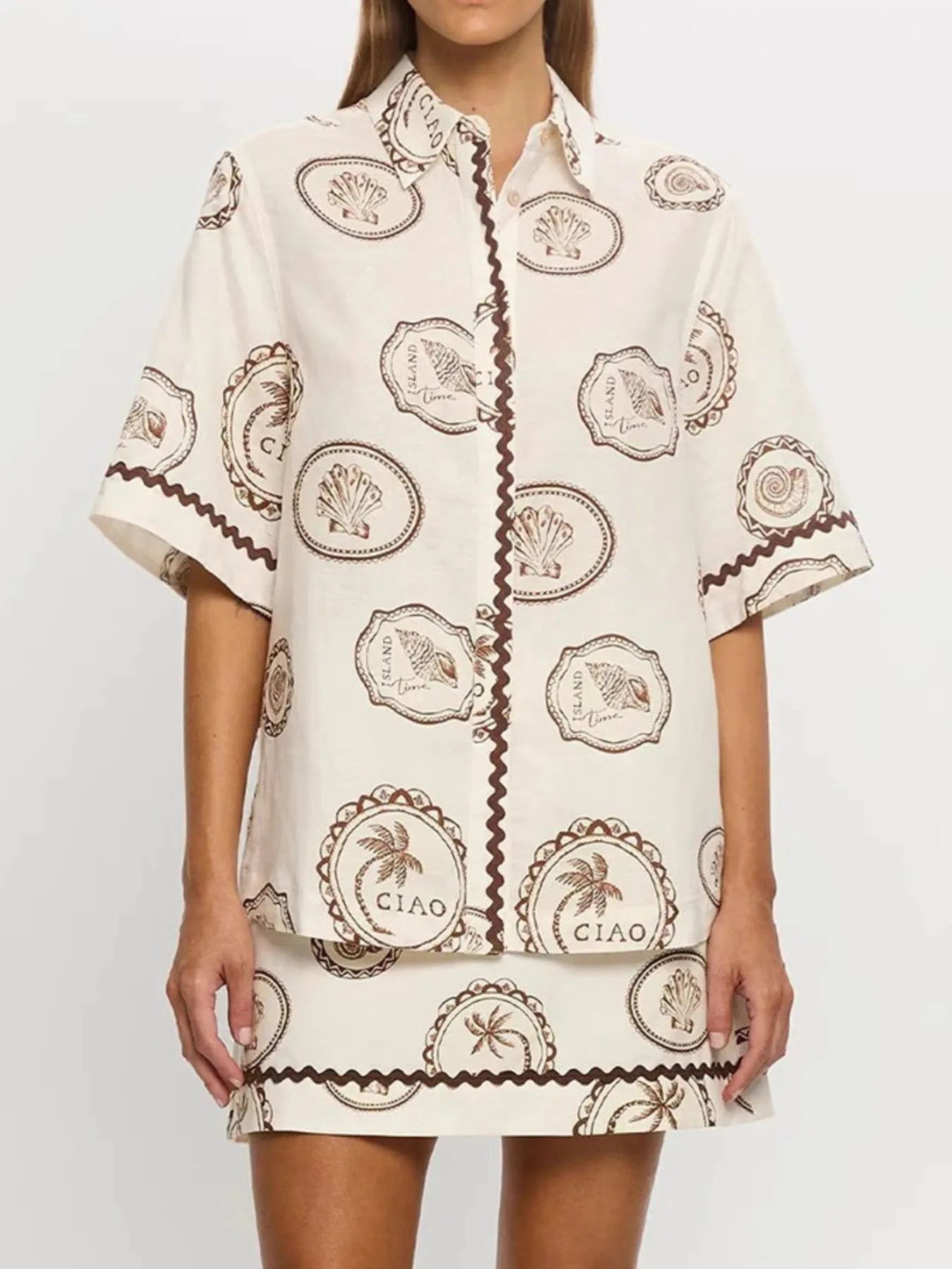 Printed Button Up Shirt and Skirt Set